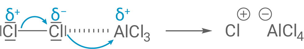 Schema: Cl2 wird durch AlCl3 polarisiert, Pfeile zeigen Bildung von Cl+ und AlCl4−